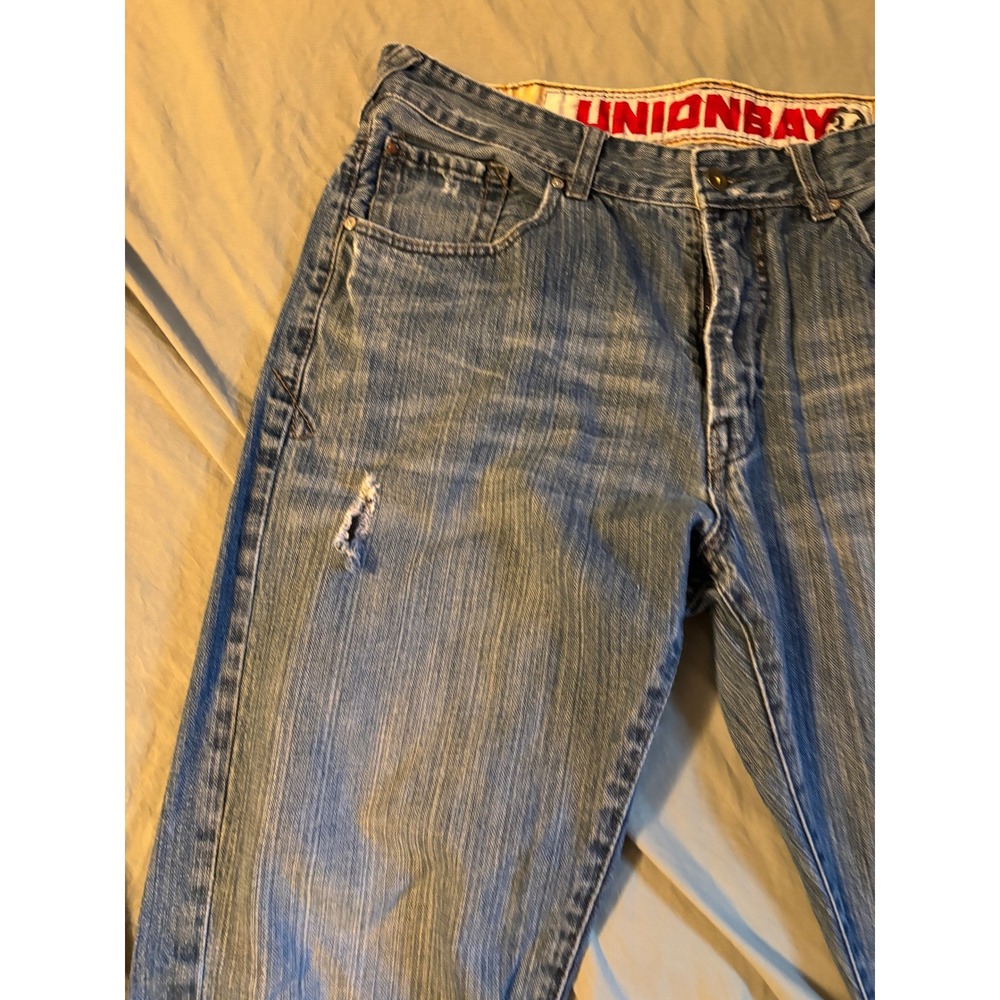 Unionbay Mens Distressed Straight Leg Blue Denim Jeans 34x34 Vintage Y2K Style - Picture 3 of 13